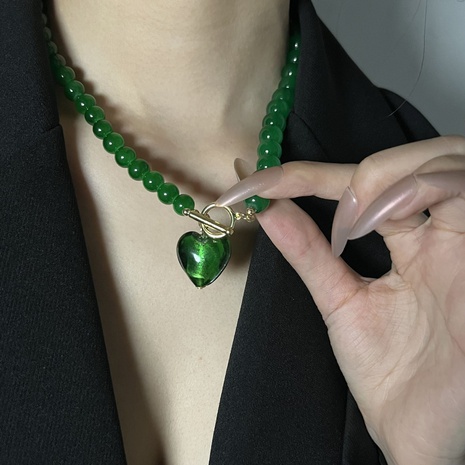 Collar con colgante de corazón de cuentas hecho a mano de piedra turmalina verde ágata de estilo Vintage's discount tags