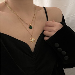 Retro Eight-Pointed Star Emerald pendant Double-Layer stainless steel Necklace
