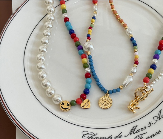 Luxury Fashion Special-Interest Design Rainbow Beaded Smiley Necklace's discount tags
