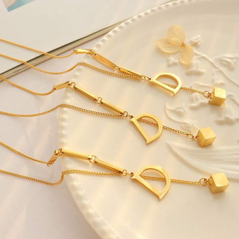 Fashion DShaped Small Square Pendant Necklace Titanium Steel 18K Gold