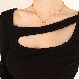 Mode Geometrische runde Marke Smiley Titan Stahl Vergoldet 18K Gold runde Perle Halskettepicture8