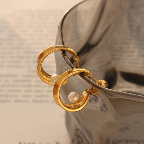 Fashion Imitation Pearl C Shape Curling Women's Gold Geometric Earrings Titanium Steel Gold's discount tags