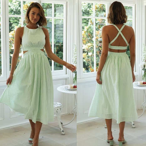 Sleeveless hollow cross backless long solid color dress's discount tags