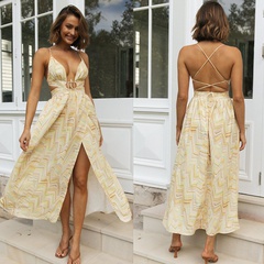 print cross sling low-cut backless lace-up slit long dress