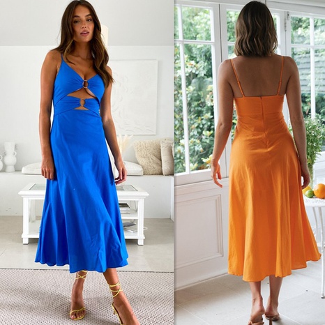Ropa de mujer verano nuevo Color sólido Jersey tirantes vestido largo sin espalda's discount tags