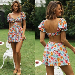 Women's Clothing New Printed Backless V-Neck Short Puff Sleeve Dress