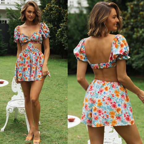 Women's Clothing New Printed Backless V-Neck Short Puff Sleeve Dress's discount tags