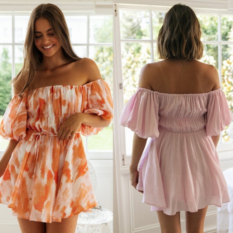 Women's Clothes Summer Off Shoulder Lantern Sleeve Short Irregular Hem Dress's discount tags