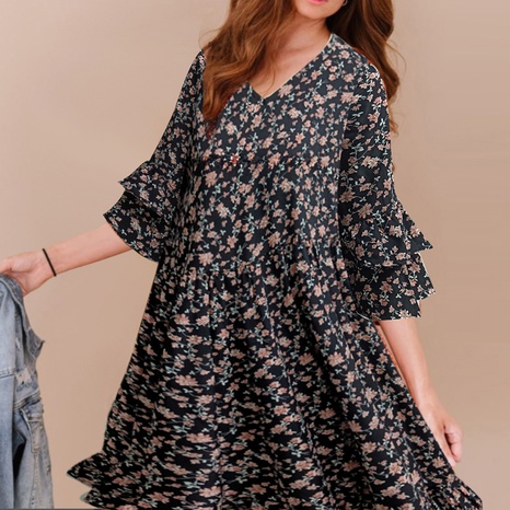 Long floral Printed Mid Waist Black Pullover plus Size Dress's discount tags