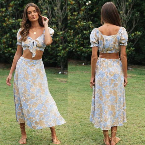 Summer New Women's Short Top and Split Hemline Long Dress Floral Print Suit's discount tags