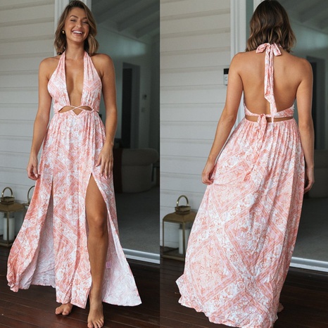 2022 New Printed Halter Pink Printed Dress Women's Split Long Dress's discount tags