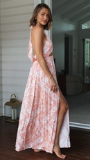 2022 New Printed Halter Pink Printed Dress Womens Split Long Dresspicture8