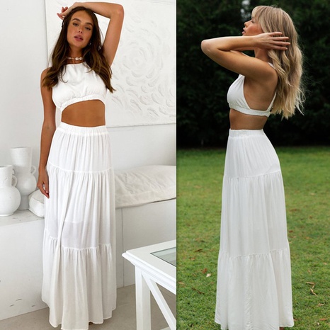 2022 Women's Clothing New Solid Color White Short Top Back Cross Strap and Long Dress Suit's discount tags
