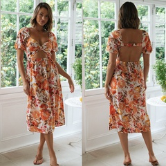 Women's Clothing Spring Summer New Elegant Sexy V-neck Short Sleeve Backless Printed Dress
