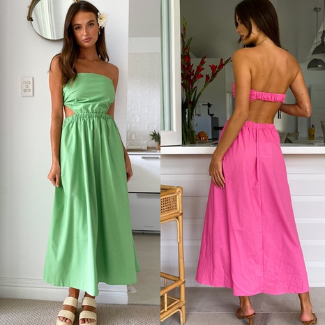 2022 New Spring and Summer Women's Fashion Solid Color Midriff Outfit Strapless Long Dress's discount tags