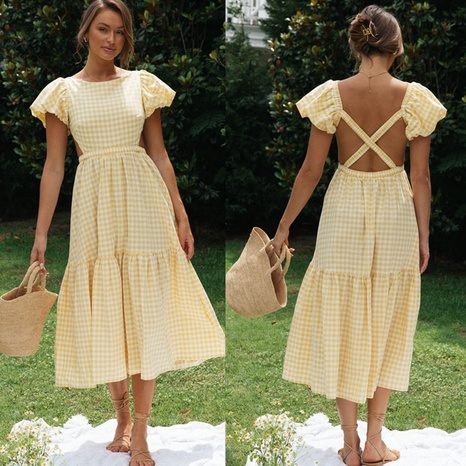 2022 ropa para mujer nuevo vestido de Swing largo sin espalda con tirantes cruzados a cuadros's discount tags