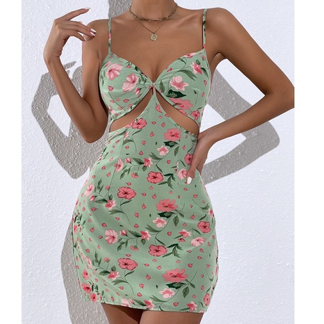 Fashion Printed Stitching Bandeau Cutout Sling Floral Dress Women's's discount tags