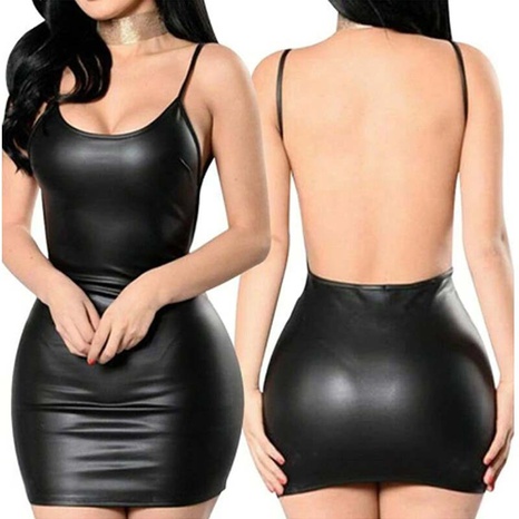 New Black Sexy Suspender Backless Sheath Leather Short Dress's discount tags