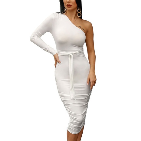 Sexy Oblique Shoulder white Irregular Lace up Dress's discount tags