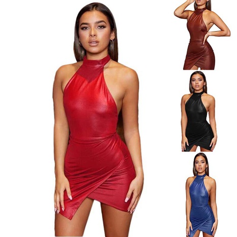 Sexy Halter High Waist Backless Leather Short Dress's discount tags