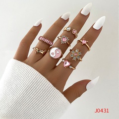 Independent Station Hot Sale Inlaid Rhinestone Peach Heart Ring Sweet Full Diamond Little Flower Dripping Oil Taiji Yin and Yang Gossip Love Heart-Shaped Ring 8/Set