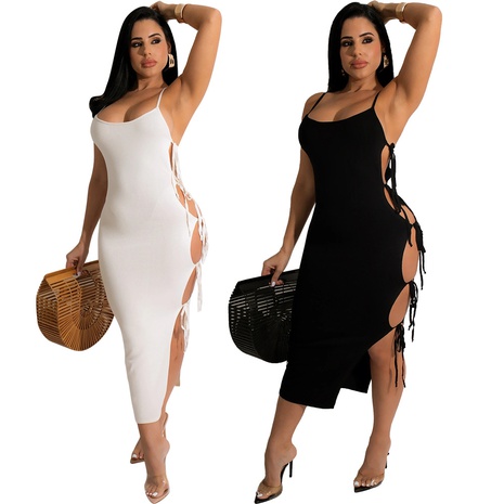 sling backless side lace-up wrap chest slim solid color dress's discount tags