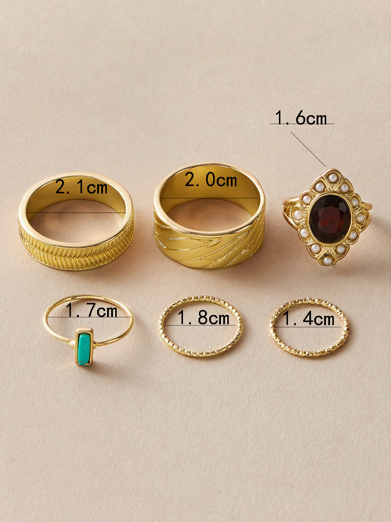 Europe and America Cross Border Vintage Ornament Imitation Ruby Inlaid Ring Set Turquoise Pearl Inlaid Ring SixPiece Setpicture1