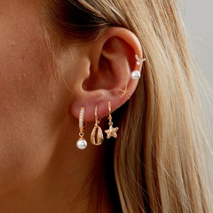 Fashion Simple Earrings Copper Plating 18K Gold Cute Starfish Shell Zircon Six-Piece Earrings Set