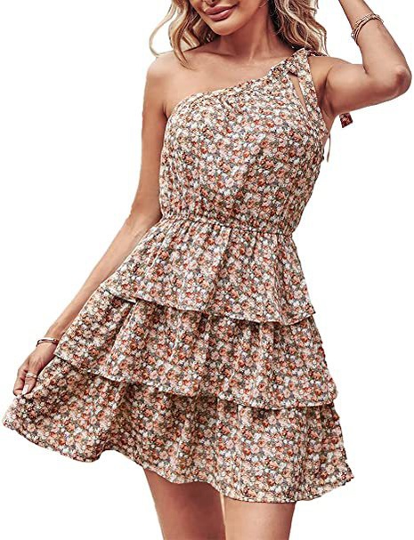 single-shoulder sleeveless lace-up layered slim short floral print dress-Multicolor's discount tags
