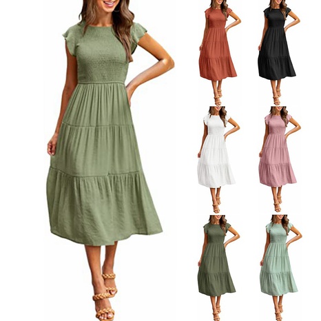 Layered Short Sleeve Large Swing round neck slim solid color Dress-Multicolor's discount tags