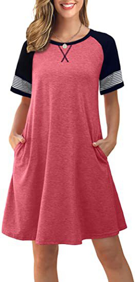 round Neck Short Sleeve loose color matching Stripes t-shirt Dress's discount tags