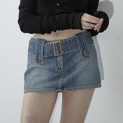 Low Waist Metal Buckle slim Short denim Skirt with Lining