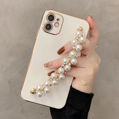 iPhone 13pro Max Solid Color Plating Straight Edge Soft Shell Phone Case Pearl Chain