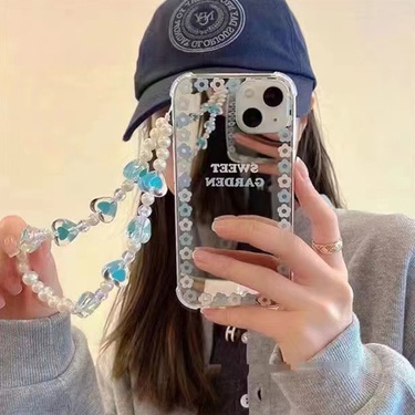 iPhone 13 Mirror Blue Flower Bracelet Mobile Phone Shell Female Soft—2