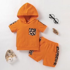 Fashion Summer Casual Sports Leopard Print Solid Color Hooded Children's Two-Piece Suit