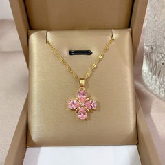 New Pink Flower Crystal Pendant Titanium Steel Gold Plated Clavicle Chain Necklace  Female