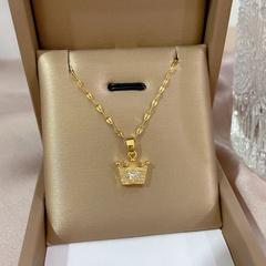 Fashion Diamond Crown Women's Crown 18K Gold Zircon Pendant Titanium Steel Necklace
