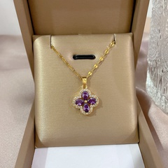 Fashion New Micro Inlaid Zircon Amethyst Four-Leaf Pendant Titanium Steel Clavicle Chain Necklace