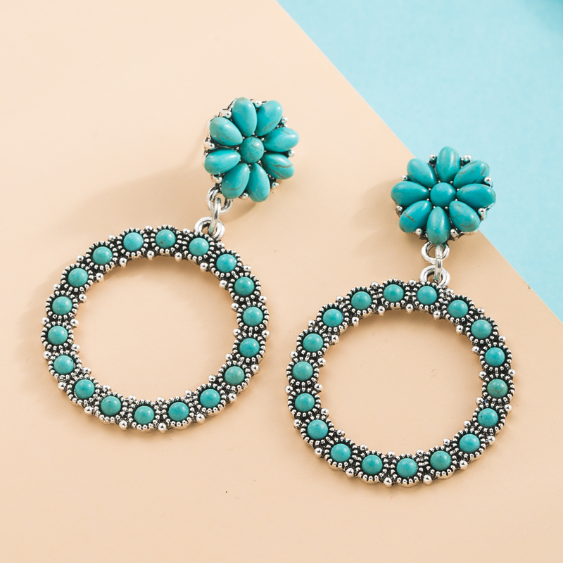 WomenS Vintage Style Fashion Geometric Alloy Earrings Inlaid Turquoise Alloy Turquoise Hoop Earringspicture4