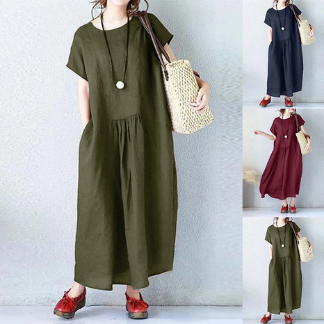 Summer round Neck Stitching Solid Color Loose Fitting Large Size Dress's discount tags