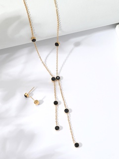 Fashion Ornament Stainless Steel Plated 18K Black Golden Rhinestone Tassel Necklace Earrings Set