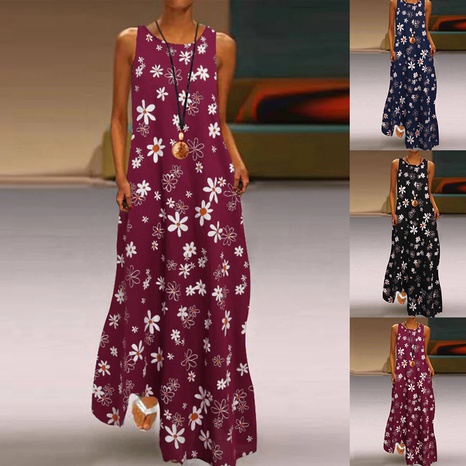 Summer New Bohemian round Neck Floral Printed Sleeveless Large Size Dress's discount tags
