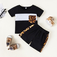 Fashion Summer New Casual Leopard Print Solid Color Stitching Two-Piece Children's Suit