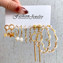 Elegant Creative Butterfly Snake Pearl Pendant O-Shape Alloy Earrings 5-Pieces Set