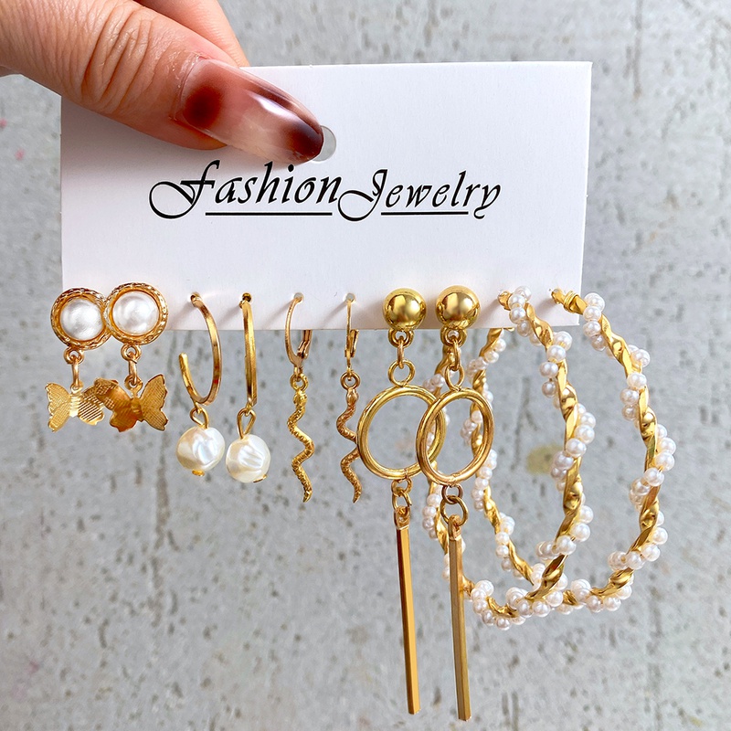 Elegant Creative Butterfly Snake Pearl Pendant OShape Alloy Earrings 5Pieces Set