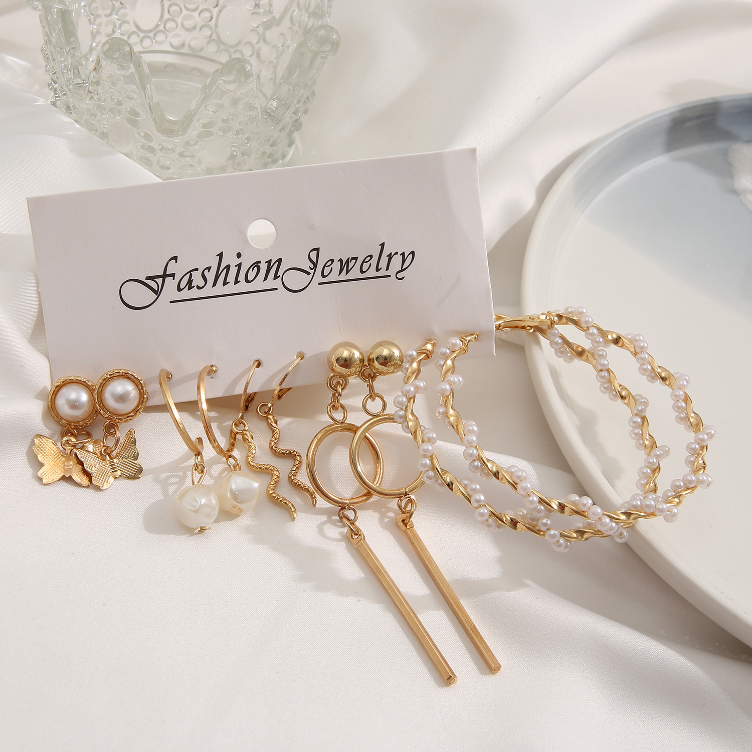 Elegant Creative Butterfly Snake Pearl Pendant OShape Alloy Earrings 5Pieces Setpicture3