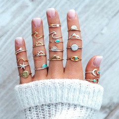 Fashion Gold and Silver Opening Turquoise Sun Fishtail Starfish Arrow Knuckle Ring Set 19 Pieces