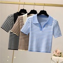 Fashion Summer Polo Collar Short Sleeve Casual  Striped Silk Sweater Womens Toppicture6