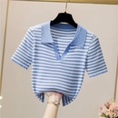 Fashion Summer Polo Collar Short Sleeve Casual  Striped Silk Sweater Womens Toppicture7
