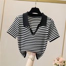 Fashion Summer Polo Collar Short Sleeve Casual  Striped Silk Sweater Womens Toppicture9